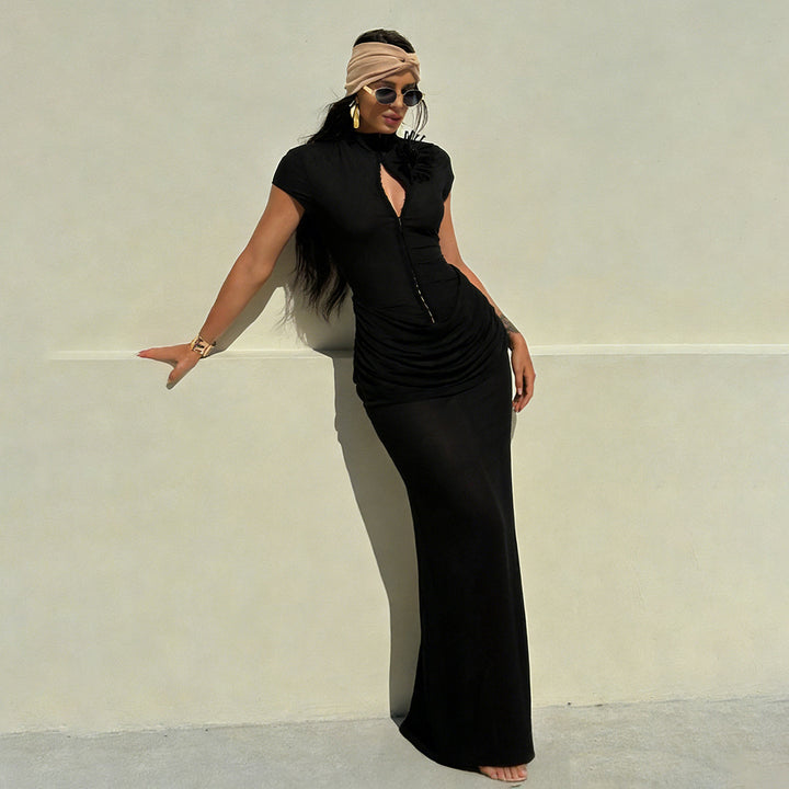 Damen Langarm Maxikleid mit raffiniertem Schnitt und eleganter Knopfdetail Drune