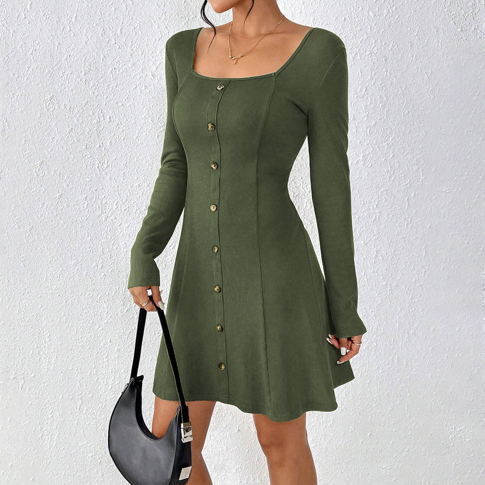 Damen ausgestelltes Strick‑Korsagenkleid mit durchgehender Knopfleiste, Square‑Neck und figurformenden Teilungsnähten Drune