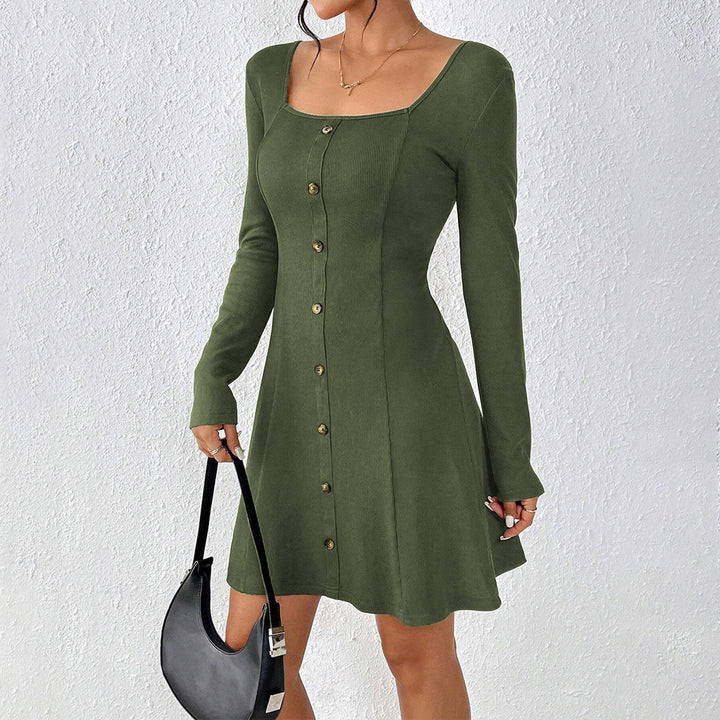 Damen ausgestelltes Strick‑Korsagenkleid mit durchgehender Knopfleiste, Square‑Neck und figurformenden Teilungsnähten Drune