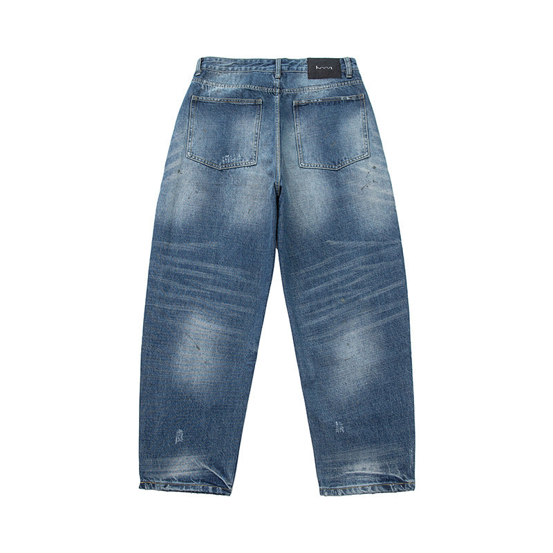 Damen locker geschnittene hochtaillierte Jeans im Used-Look mit ausgefransten Details und Ziernähten Drune