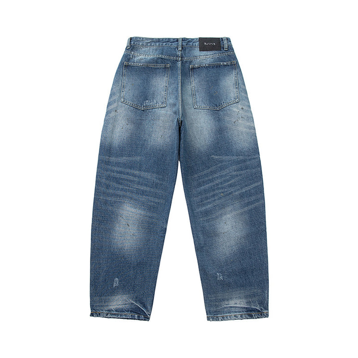 Damen locker geschnittene hochtaillierte Jeans im Used-Look mit ausgefransten Details und Ziernähten Drune