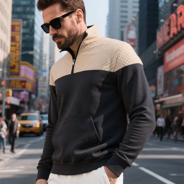Herren nan gesteppter Halbzip Sweater mit Kängurutasche und Stehkragen Drune