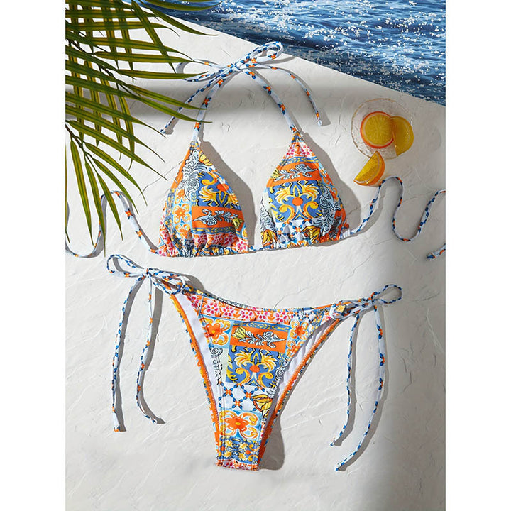Damen Triangel-Bikini mit buntem floralen Design und verspielten Bindebändern Drune
