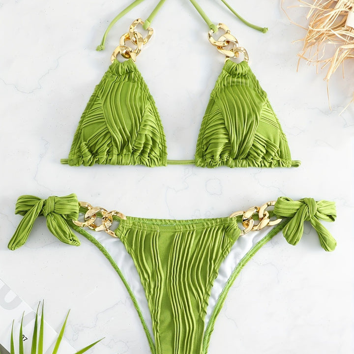 Damen Bikiniset mit luxuriösen Rüschen und goldenen Kettenakzenten Drune