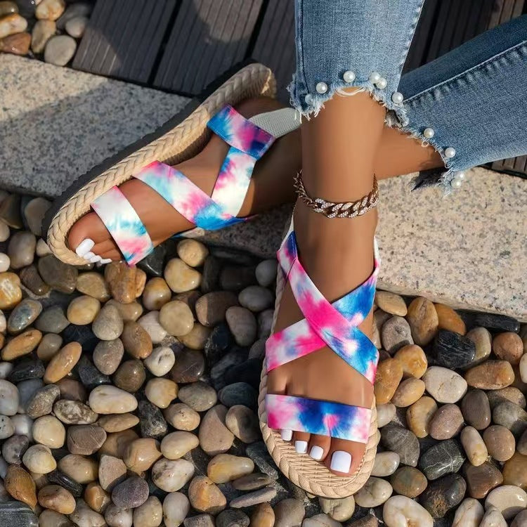 Damen nan flache Espadrille-Riemchensandalen mit geflochtenem Bastrand, elastischem Fersenband und gekreuzten Ethno-Riemen Drune