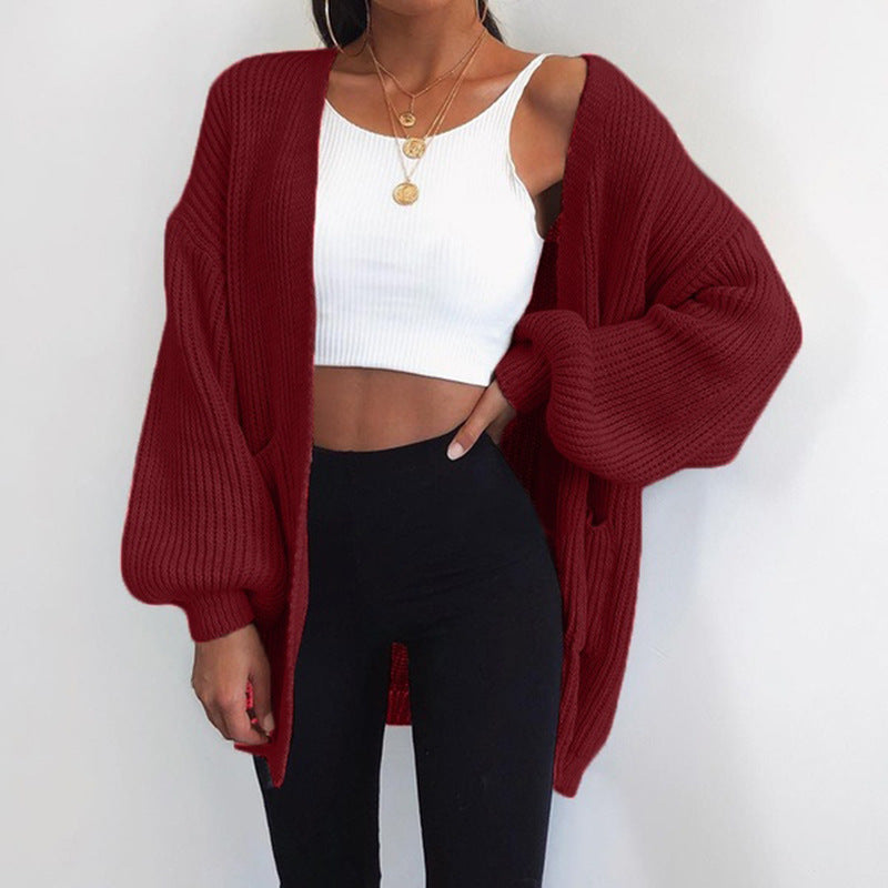 Damen Grobstrickcardigan mit voluminösen Ärmeln und offenen Taschen Drune