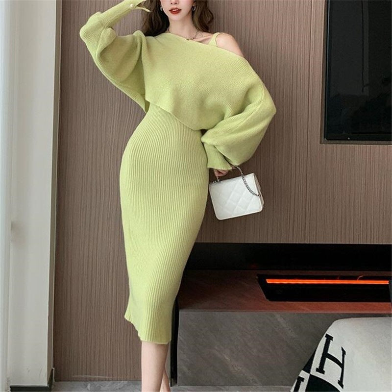 Damen Elegantes Strickkleid mit V-Ausschnitt und passendem Cardigan Drune