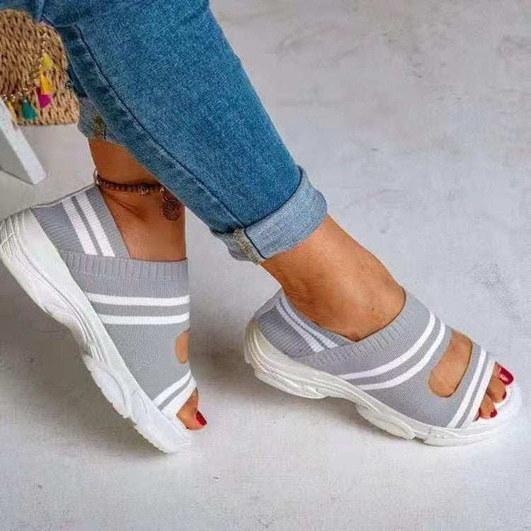 Damen Strick-Slipper mit offener Zehenpartie, atmungsaktivem Stretch-Obermaterial und leichter Komfortsohle Drune