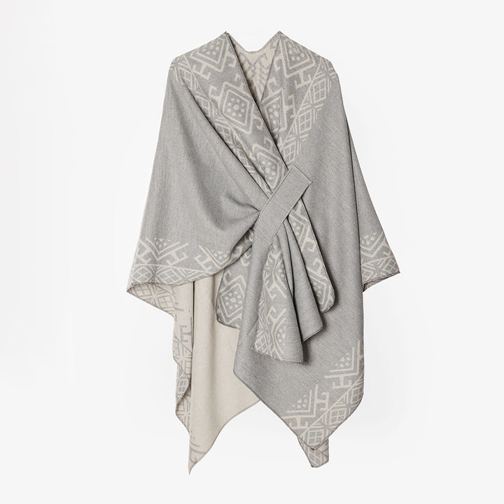 Damen Capeponcho mit Knotenverschluss, doppellagigem Jacquard und weichem Wollmix Drune
