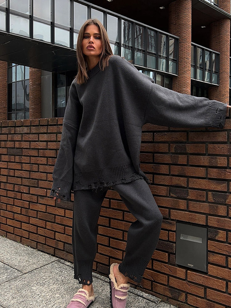 Damen Oversize-Strickset aus Feinstrick mit Destroyed-Saum, weitem Pullover und legerer Schlupfhose Drune