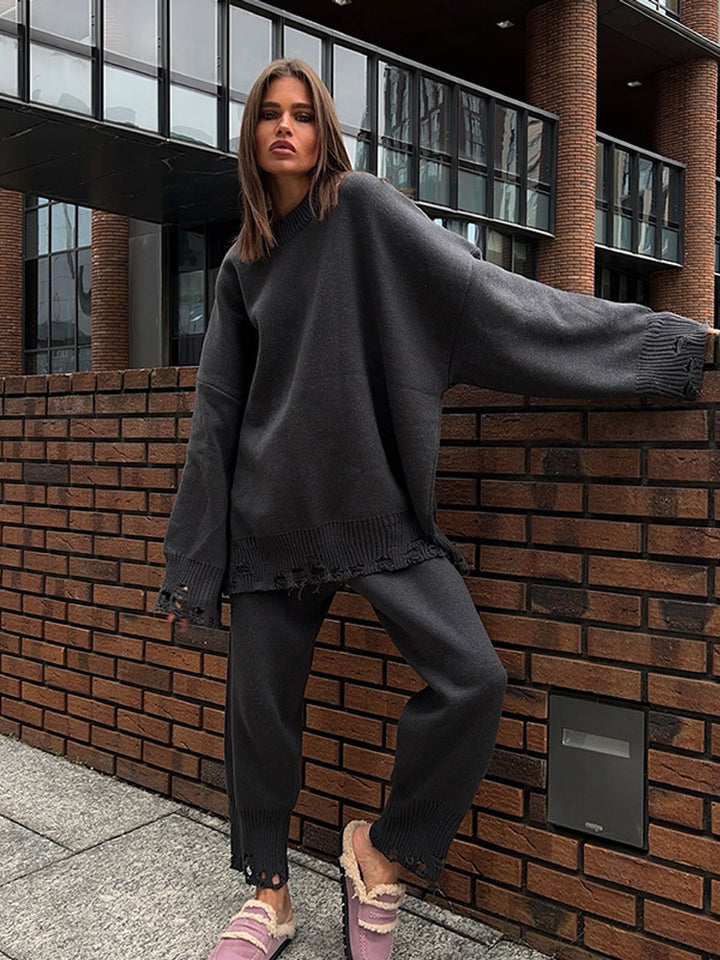 Damen Oversize-Strickset aus Feinstrick mit Destroyed-Saum, weitem Pullover und legerer Schlupfhose Drune