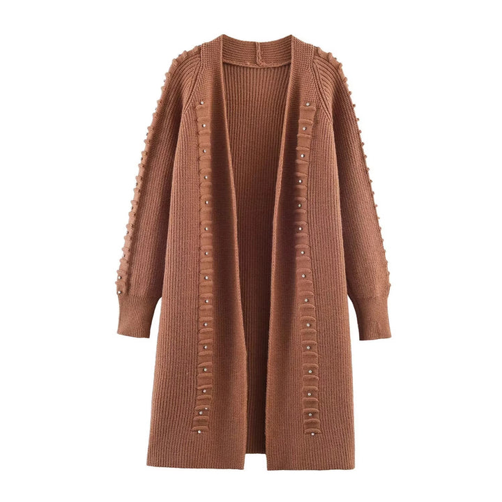 Damen Longline Strickcardigan mit Perlenbesatz und Rippbündchen Drune