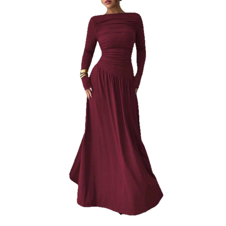 Damen Maxikleid mit gerafftem Oberteil, tailliertem Bund und Langarm Drune