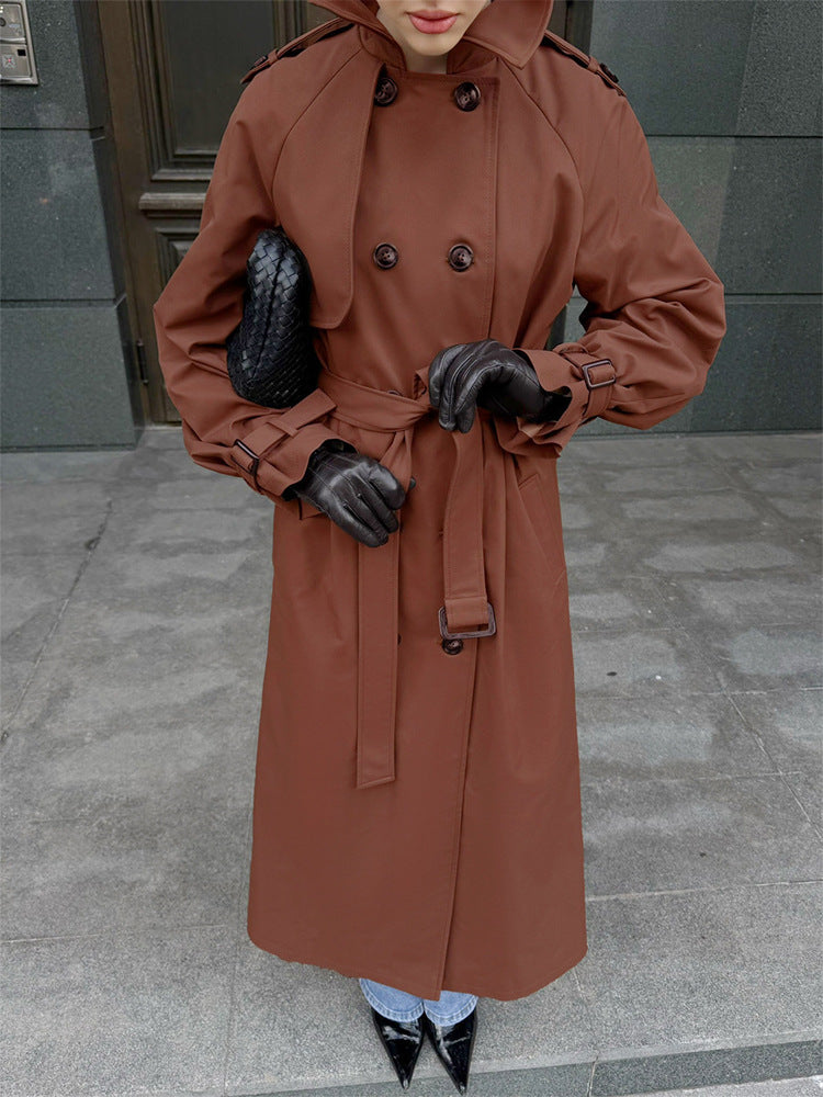 Damen Lang geschnittener wasserabweisender Trenchcoat mit hohem Stehkragen und Taillengürtel Drune