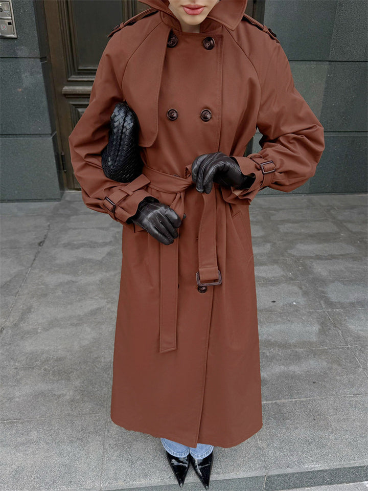Damen Lang geschnittener wasserabweisender Trenchcoat mit hohem Stehkragen und Taillengürtel Drune