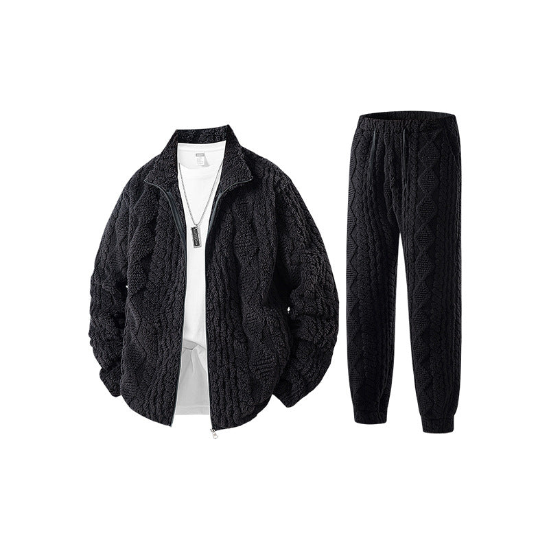 Herren Fleece-Set mit strukturierter Strickoptik, Reißverschlussjacke und Joggerhose Drune