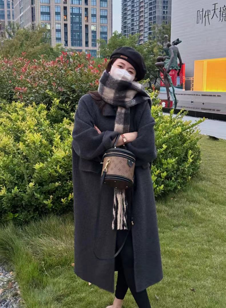 Damen Oversize Wollmix Mantel knielang mit verdeckter Knopfleiste und lässiger Schulterlinie Drune