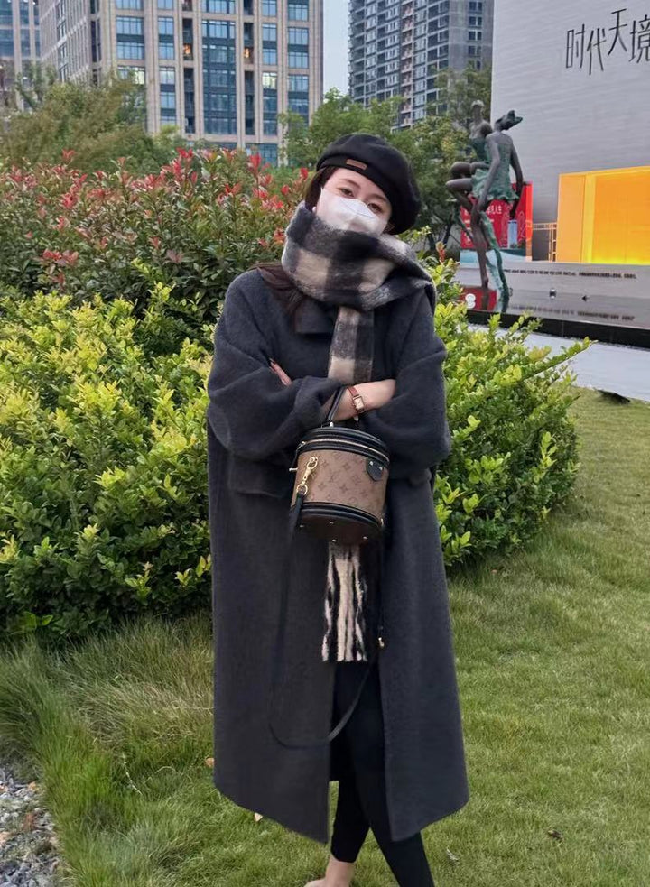 Damen Oversize Wollmix Mantel knielang mit verdeckter Knopfleiste und lässiger Schulterlinie Drune