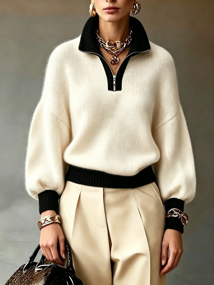 Damen Flauschiger Pullover mit halbem Reißverschluss, Stehkragen und Ballonärmeln Drune