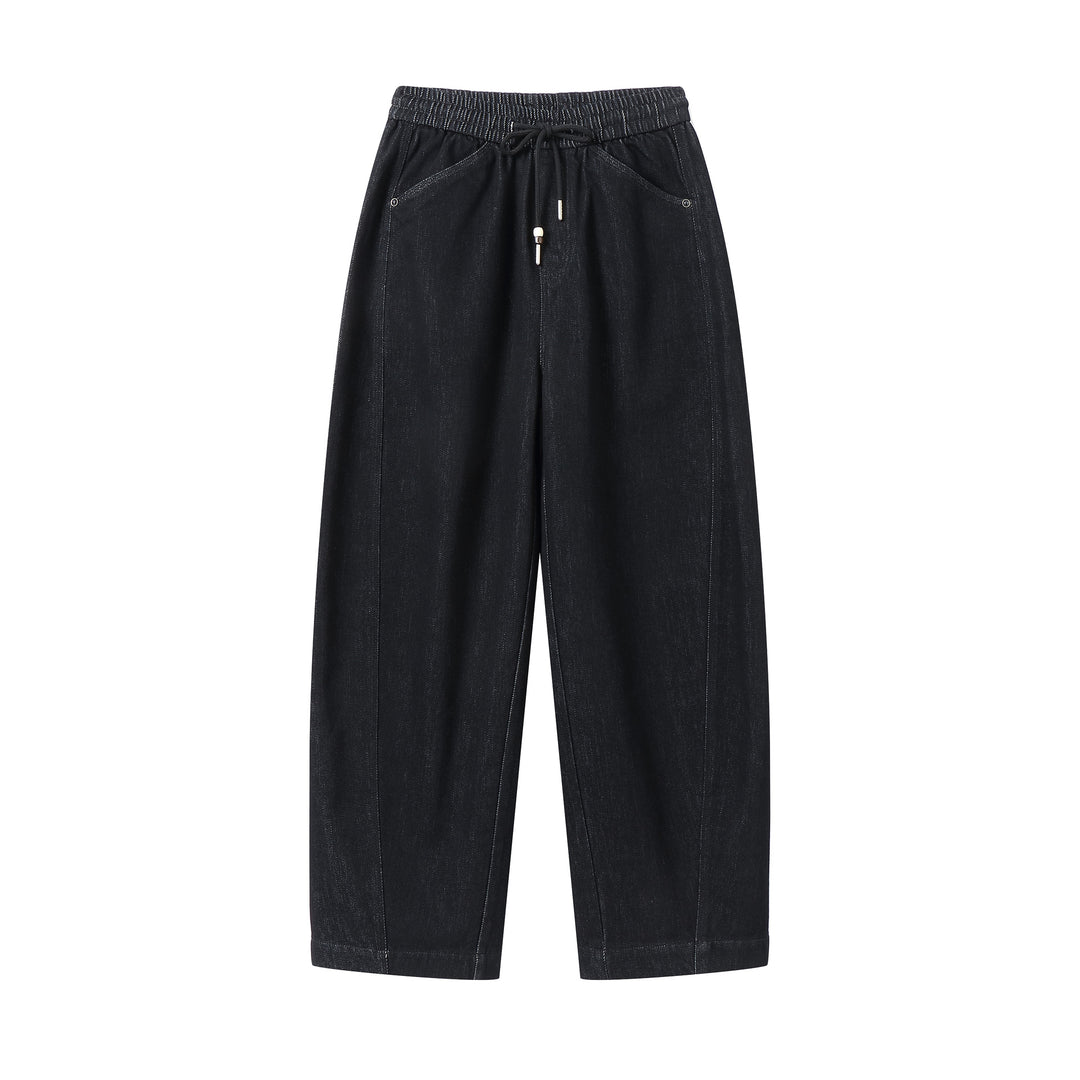 Damen weite Cropped-Denimhose mit elastischem Bund, Tunnelzug und Eingrifftaschen Drune