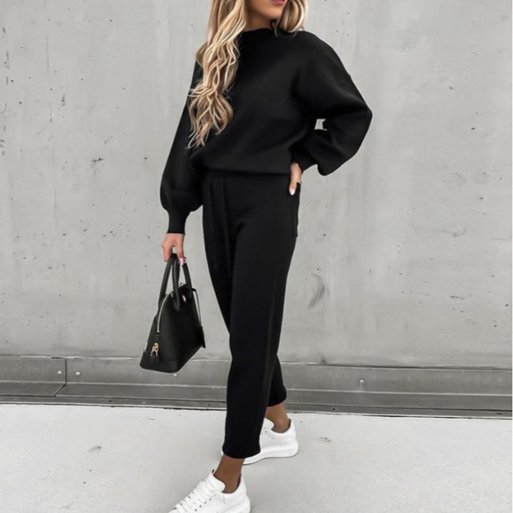 Damen Strick-Loungewear-Set mit Ballonärmeln und taillierter Jogginghose Drune