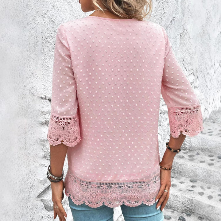 Damen nan transparente Chiffonbluse mit Pünktchenstruktur, Spitzenbesatz, V-Ausschnitt und dreiviertelärmeln Drune