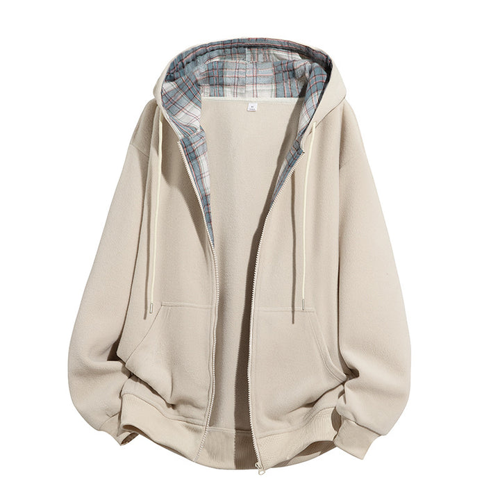 Herren Oversize-Kapuzenjacke mit kariert gefütterter Innenseite, Reißverschluss und Kängurutaschen Drune