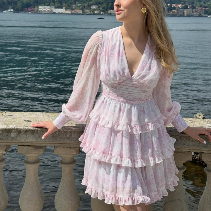 Damen romantisches Rüschendetail Kleid mit tiefem V-Ausschnitt und langem Ärmel Drune