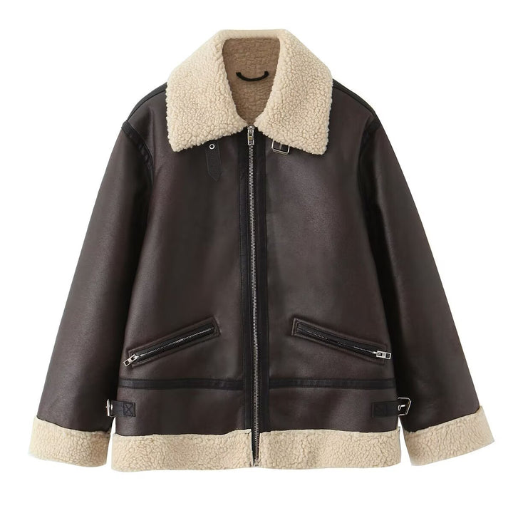 Damen Oversize-Fliegerjacke aus Kunstleder mit Teddykragen und Zipper-Taschen Drune