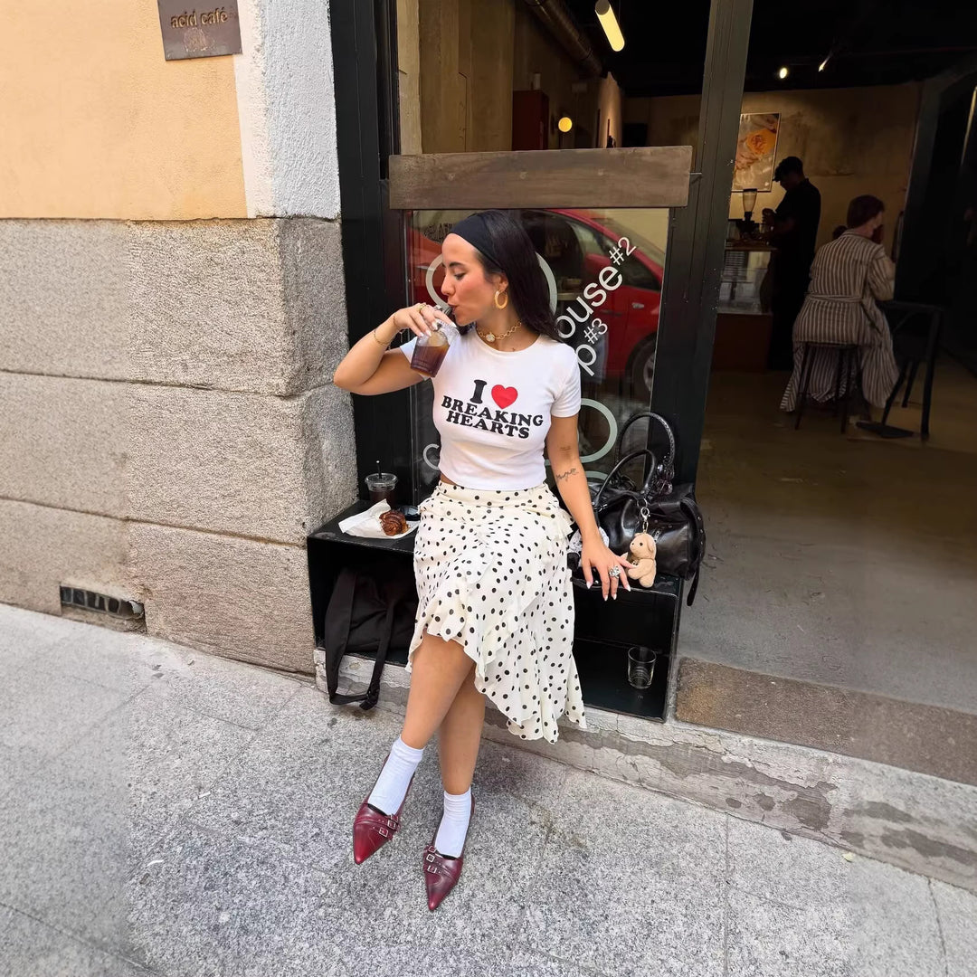 Damen Gepunkteter Chiffon-Volant‑Midirock mit Wickeloptik und asymmetrischem Saum Drune
