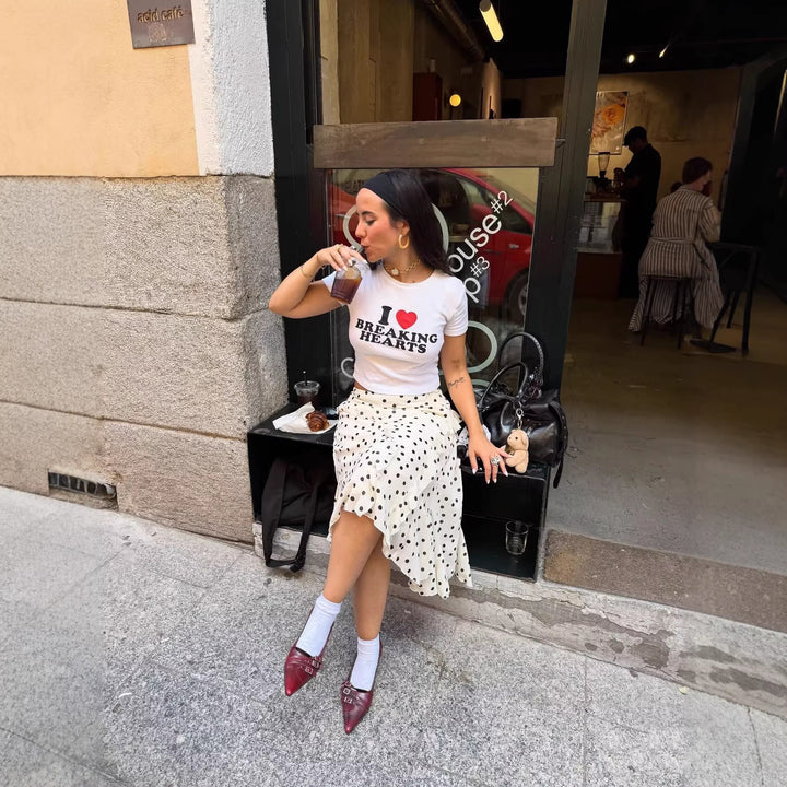Damen Gepunkteter Chiffon-Volant‑Midirock mit Wickeloptik und asymmetrischem Saum Drune