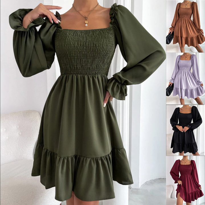 Damen eingearbeitetes Minikleid mit voluminösen Rüschenärmeln und Square-Neck Drune