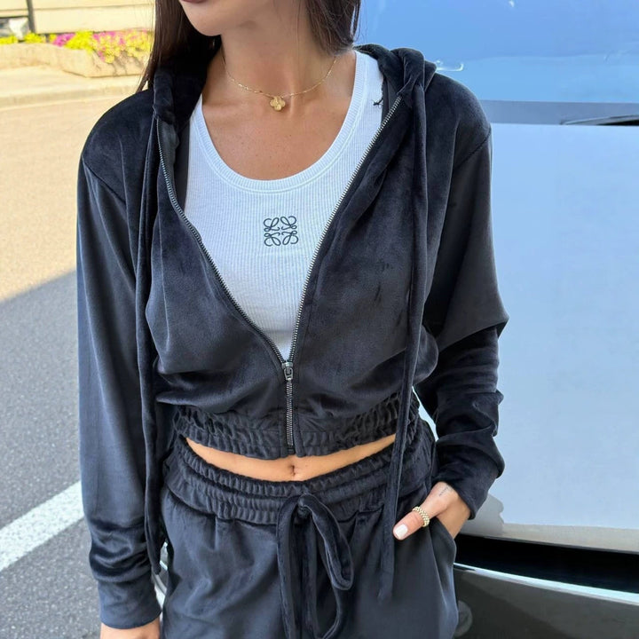 Damen Kapuzen-Overall aus weichem Fleece mit Reißverschluss und Kordelzugtaillierung Drune