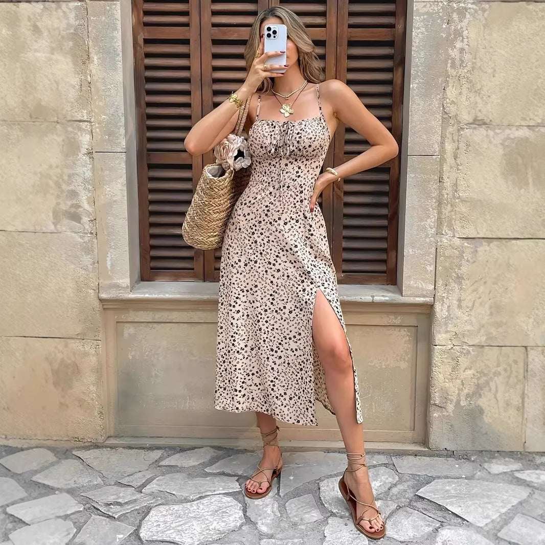 Damen sommerliches Maxikleid mit verstellbaren Spaghettiträgern und seitlichem Schlitz Drune