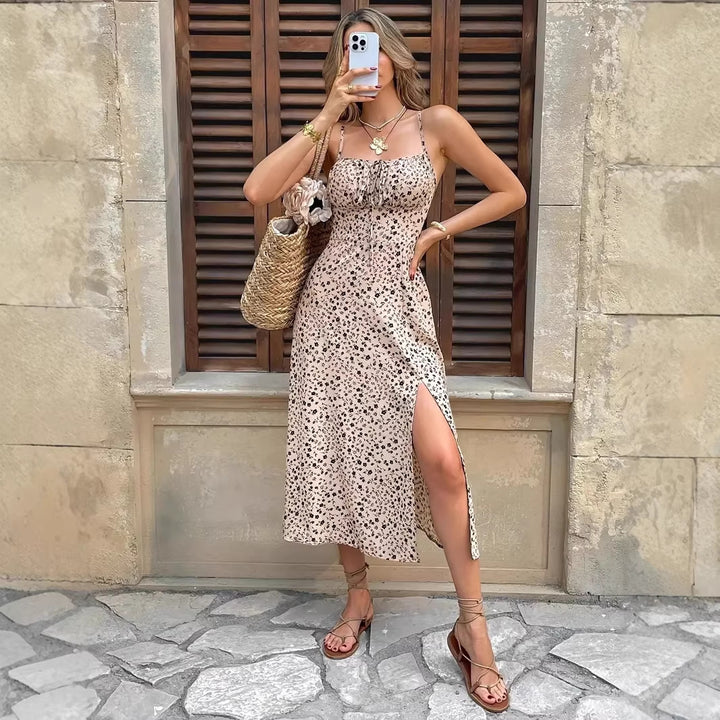 Damen sommerliches Maxikleid mit verstellbaren Spaghettiträgern und seitlichem Schlitz Drune