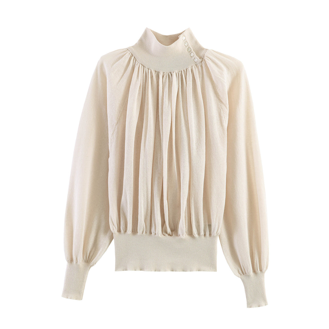 Damen Plissierter Feinstrick-Pullover mit Stehkragen und Ballonärmeln Drune