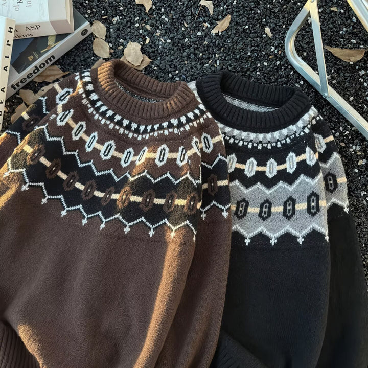 Unisex Oversized Rundhalspullover mit Norweger-Jacquard und gerippten Bündchen Drune