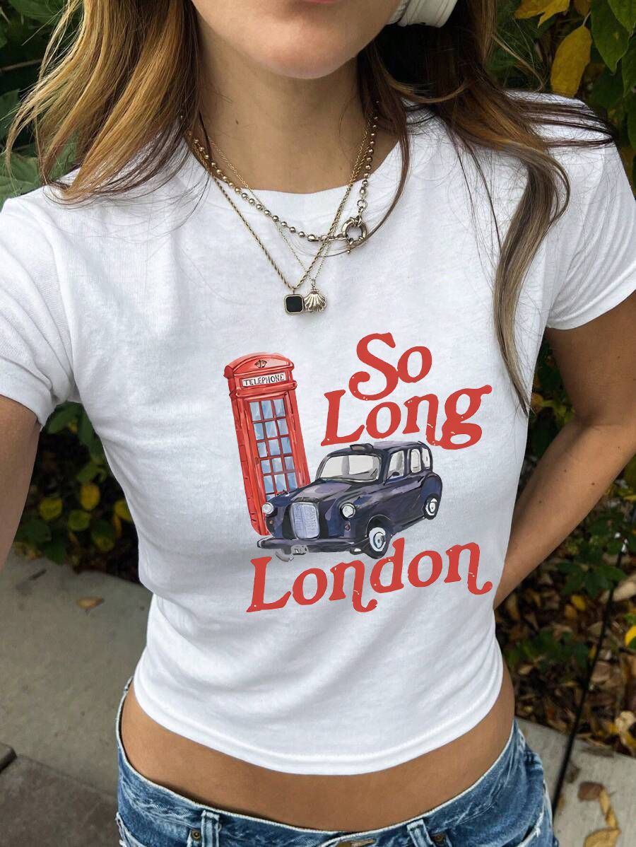 Damen figurbetontes Kurzarm-T-Shirt mit verspieltem Aufdruck Drune