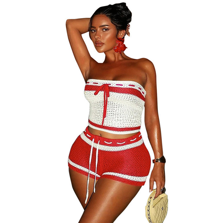 Damen Cropped Oberteil und Shorts Set mit gehäkeltem Design und elastischer Passform Drune