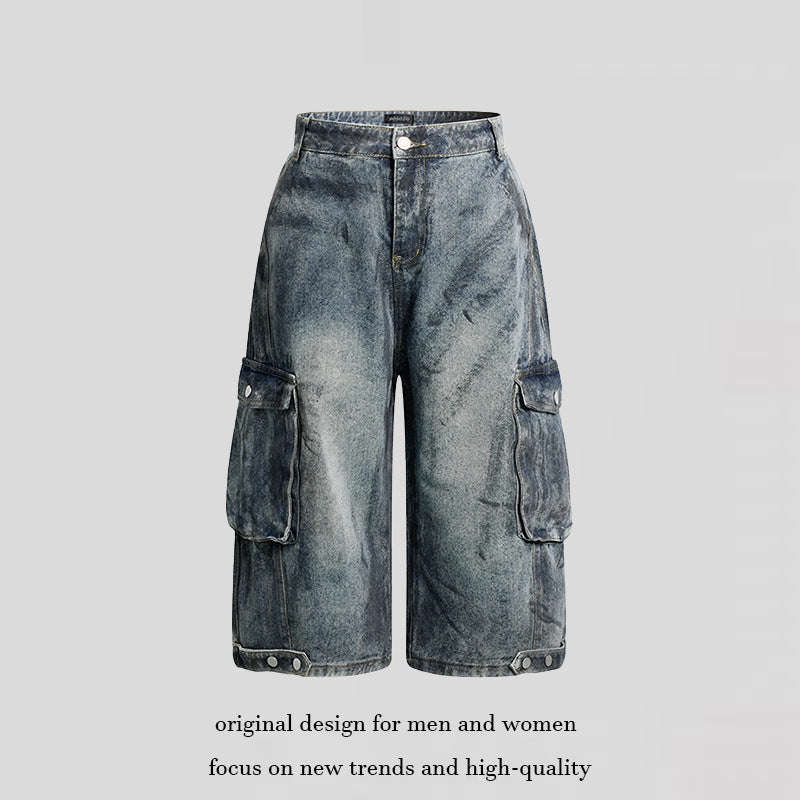 Damen High-Waist Denim-Cargo-Culotte mit weiten Beinen und aufgesetzten Taschen Drune