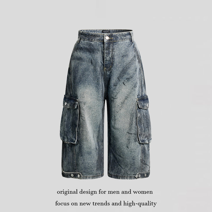 Damen High-Waist Denim-Cargo-Culotte mit weiten Beinen und aufgesetzten Taschen Drune