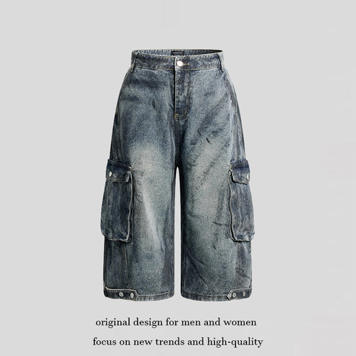 Damen High-Waist Denim-Cargo-Culotte mit weiten Beinen und aufgesetzten Taschen Drune