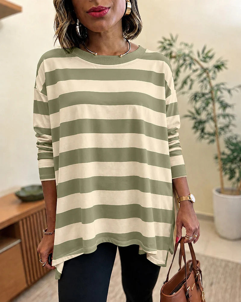 Damen Oversized Streifen-Longsleeve mit Rundhalsausschnitt und abgerundetem Saum Drune