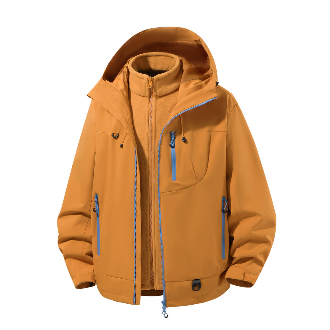 Herren zweiteiliger wasserdichter Softshell-Parka mit herausnehmbarer Fleece-Innenjacke, verstellbarer Kapuze und Multifunktions-Taschen Drune