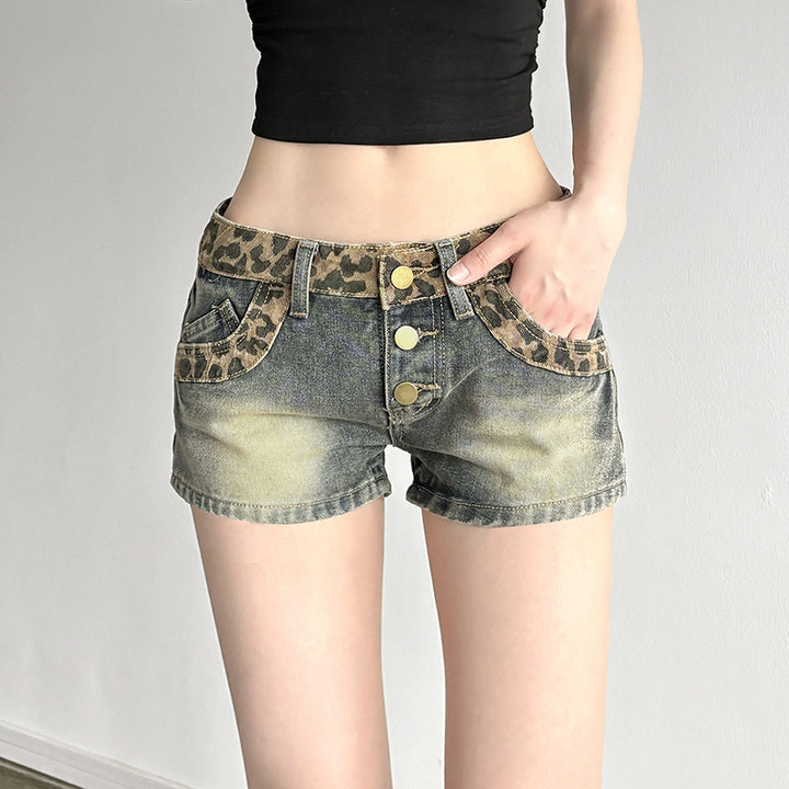 Damen Leoprint Denim-Shorts mit Knopfdetails und elastischem Bund Drune