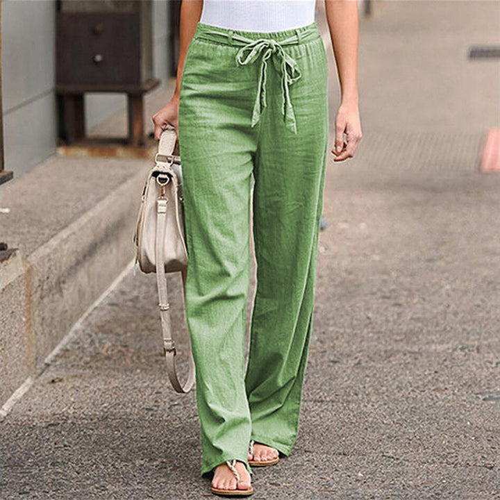 Damen nan weite Leinenhose mit Tunnelzugbund, geradem Bein und Eingrifftaschen Drune