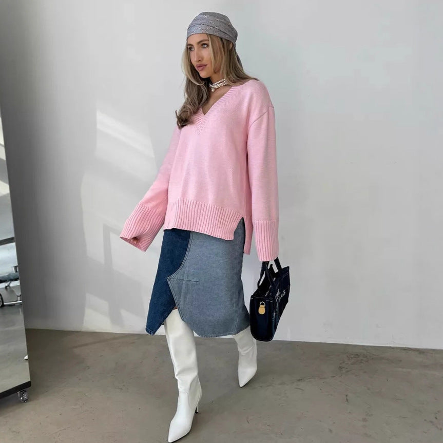 Damen oversized V-Ausschnitt Strickpullover mit breiten Rippbündchen und leichtem Fall Drune