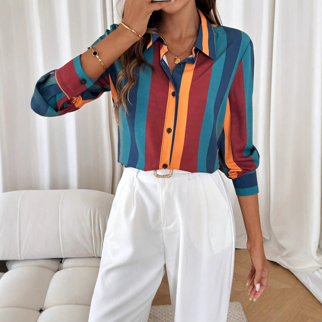 Damen Bluse mit farbenfrohem Streifenmuster und eleganter Knopfleiste Drune