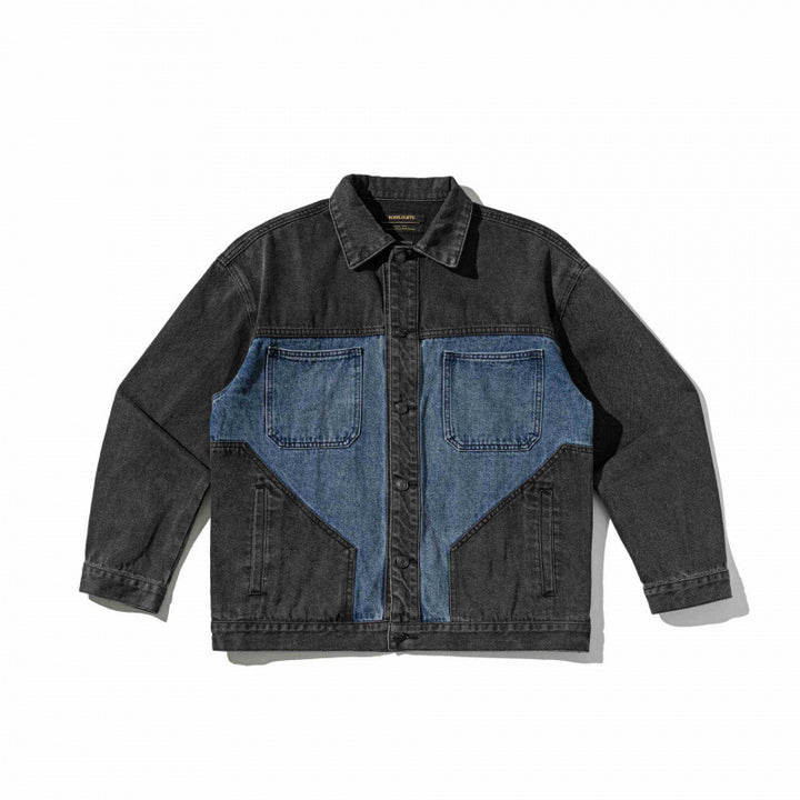 Unisex Zweifarbige Oversize-Denimjacke im Worker‑Look mit aufgesetzten Brusttaschen und geradem Saum Drune