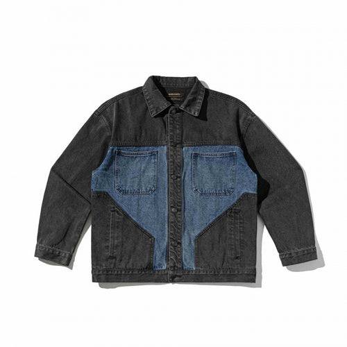 Unisex Zweifarbige Oversize-Denimjacke im Worker‑Look mit aufgesetzten Brusttaschen und geradem Saum Drune